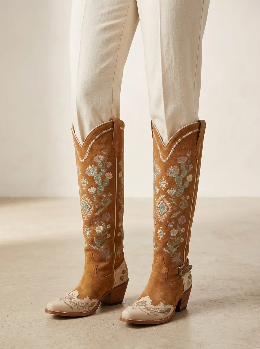 Women's Western Cactus Floral Geometric Embroidered Pointed-Toe Block-Heel Denim Over-the-Knee Boots