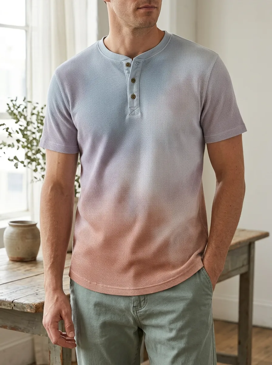 Men's Waffle Knit Ombre Dyed Button Henley T-shirt