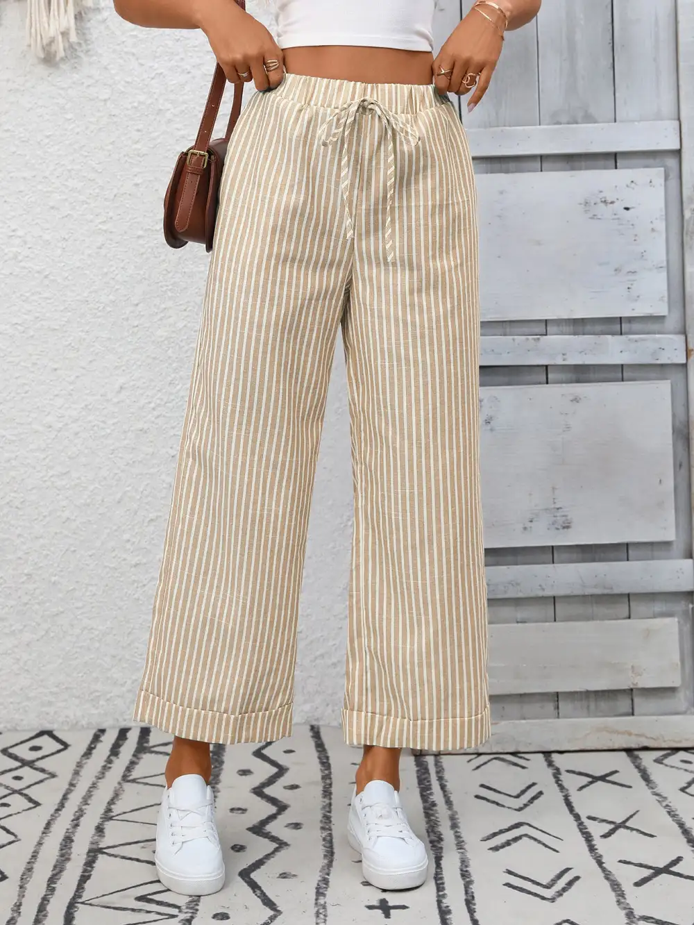 Wide Leg Striped Drawstring Pocketed Pants