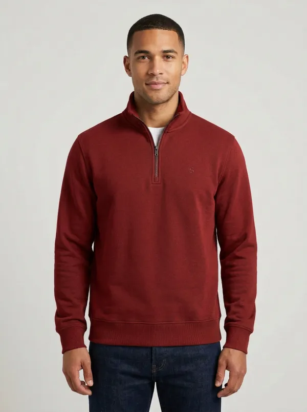 Men's Streamlined Minimalist Textured Embroidered Emblem Quarter-Zip Sweatshirt