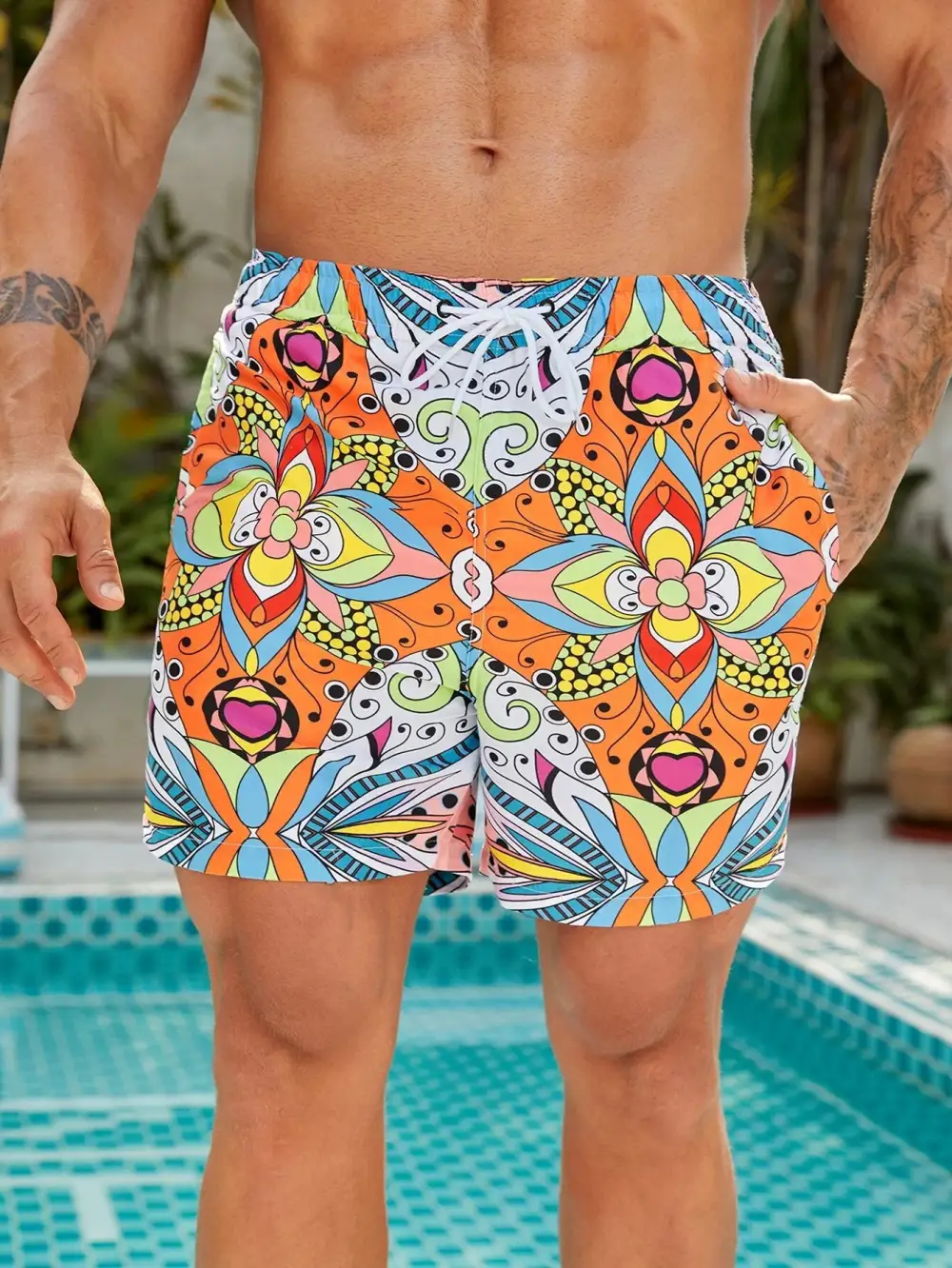 Men's Stylish Floral Print Drawstring Swim Trunks