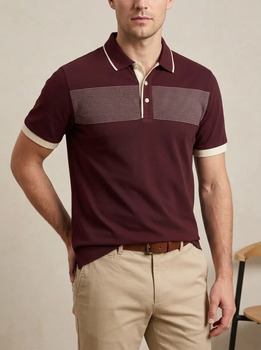 Men's Knit Ribbed Textured Horizontal-Stripe Contrast-Collar Polo Shirt