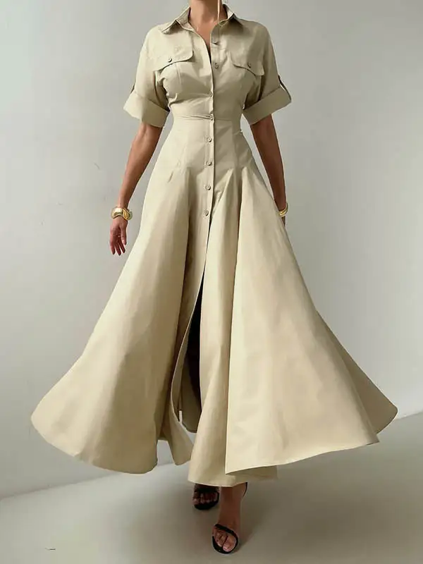 Lapel Buttoned Sleeve Shirt Maxi Dress