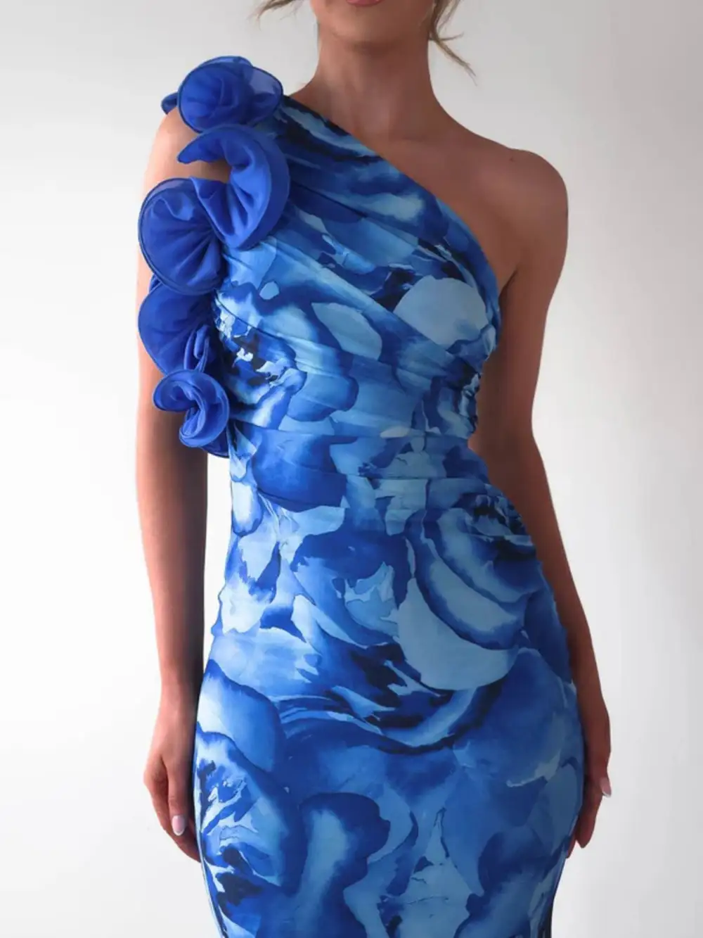 Floral Print One Shoulder Maxi Dress