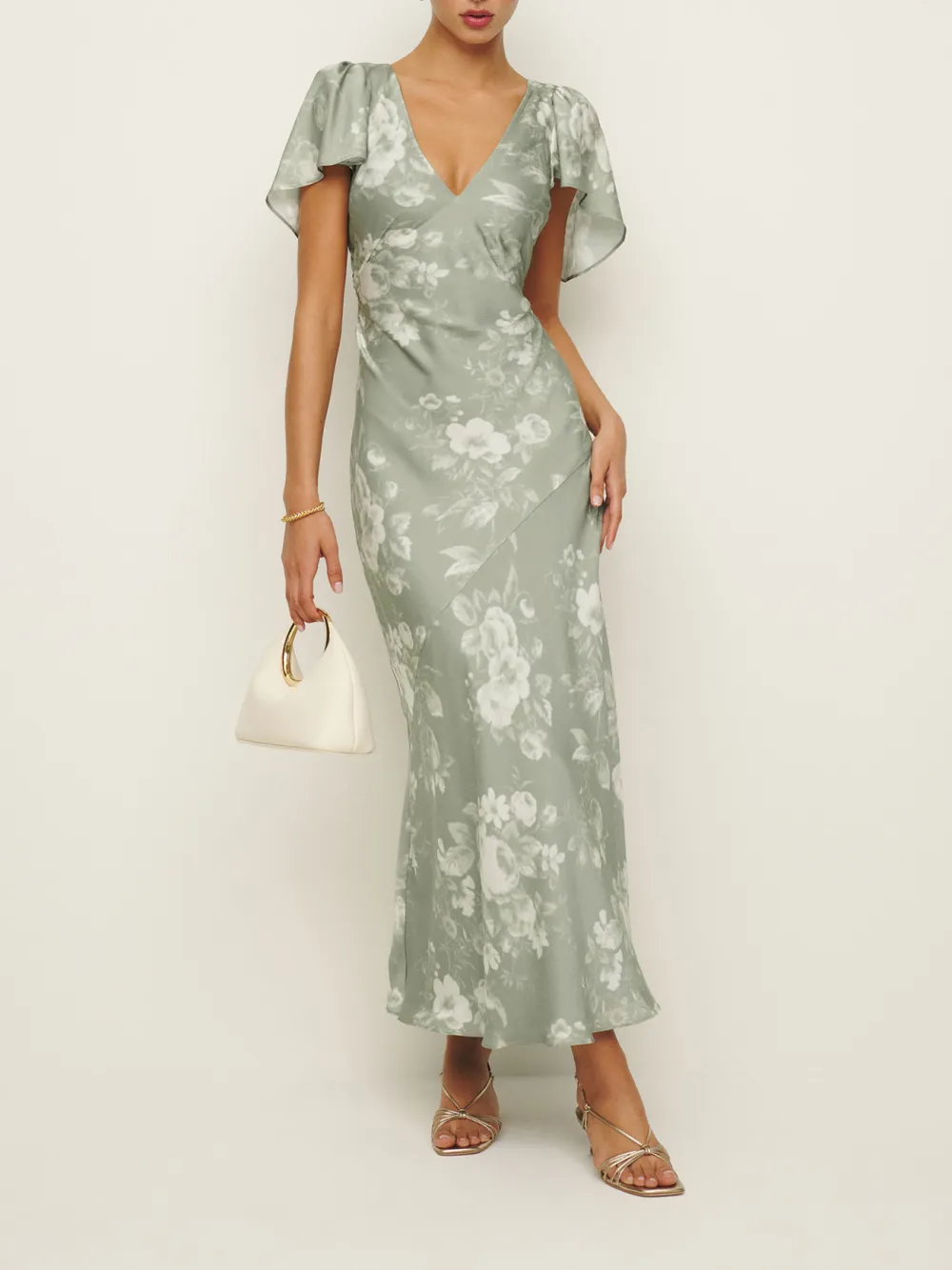 V Neck Flutter Sleeve Floral Maxi Dress