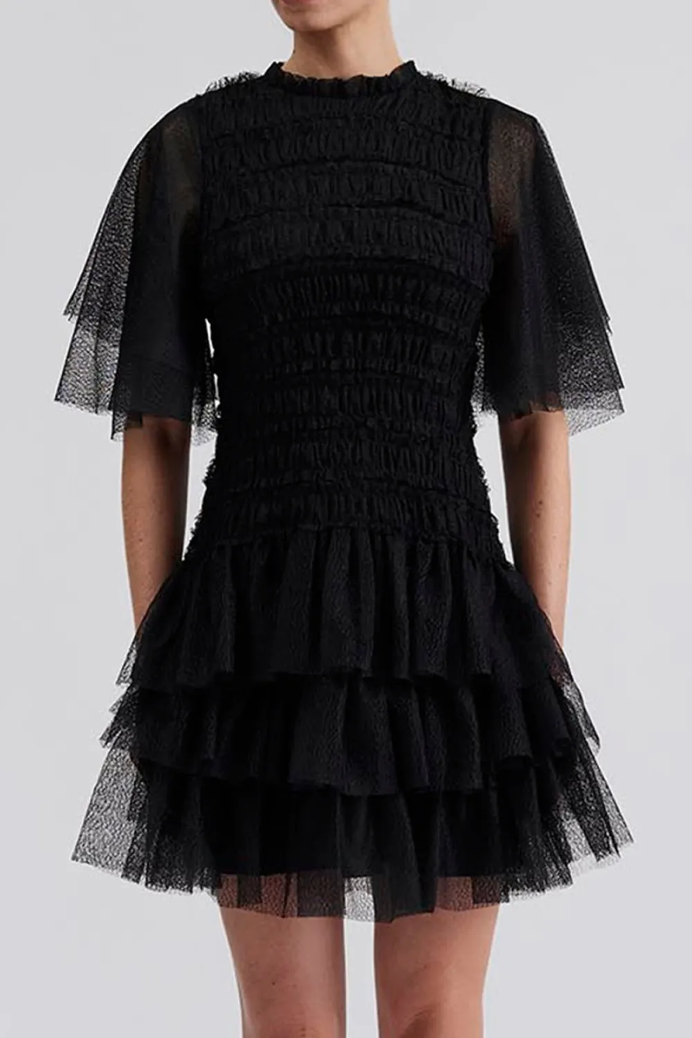 Mesh Ruffled Short Sleeve Mini Dress