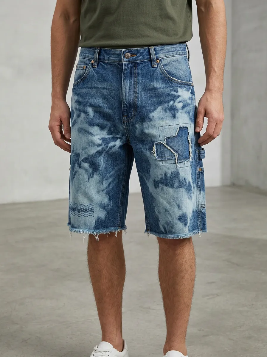 Men's Patchwork Distressed Raw Hem Acid Wash Distressed Denim Shorts