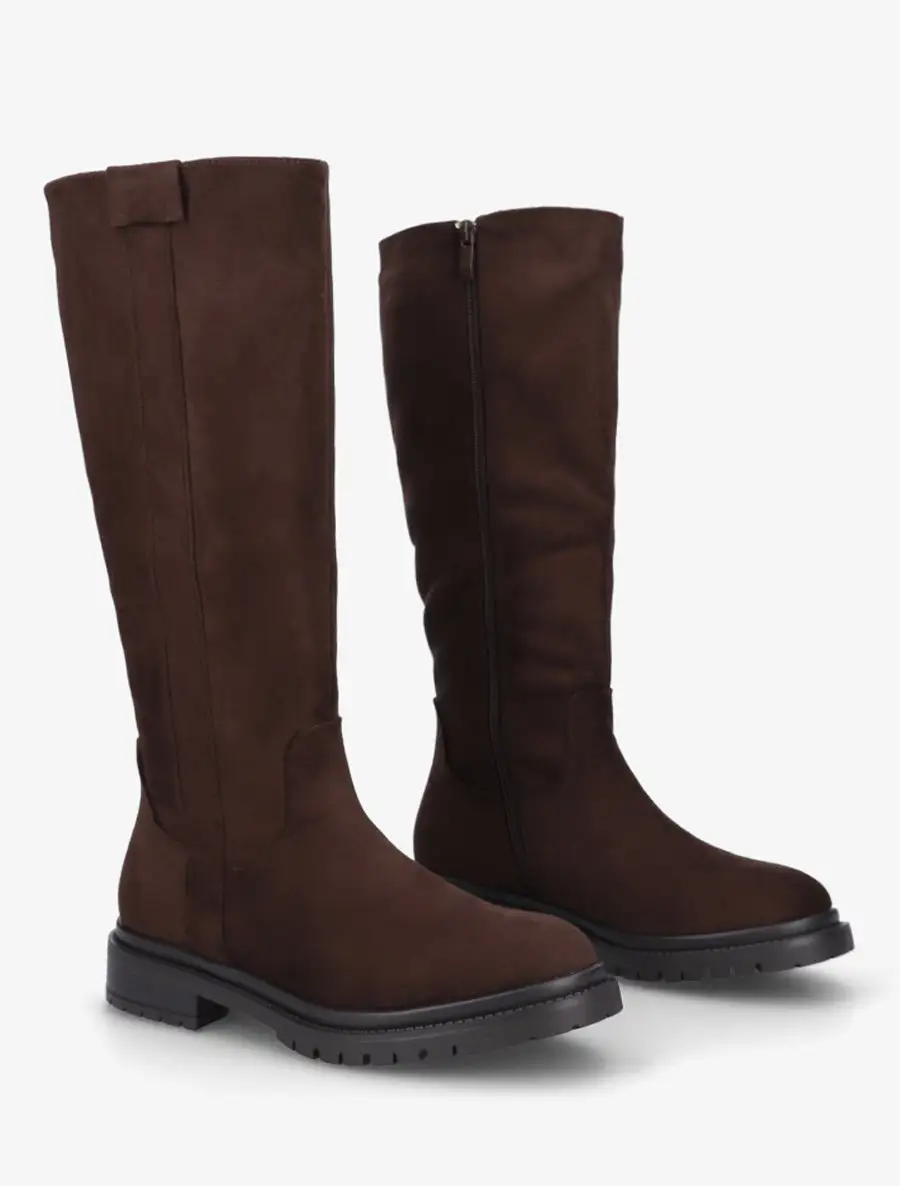 Lug Sole Block Heel Faux Suede Knee High Boots