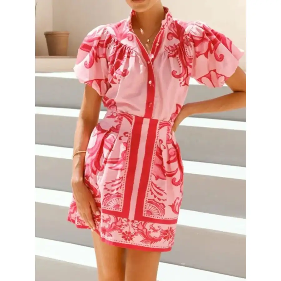 Printed Puff Sleeve Top and Skirt Set