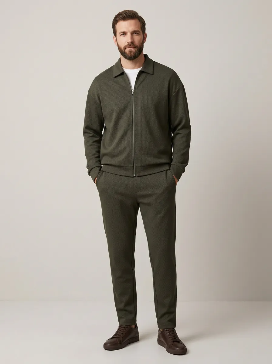 Men's Relaxed Textured Minimal Polo Collar Jacket and Jogger Pants Set