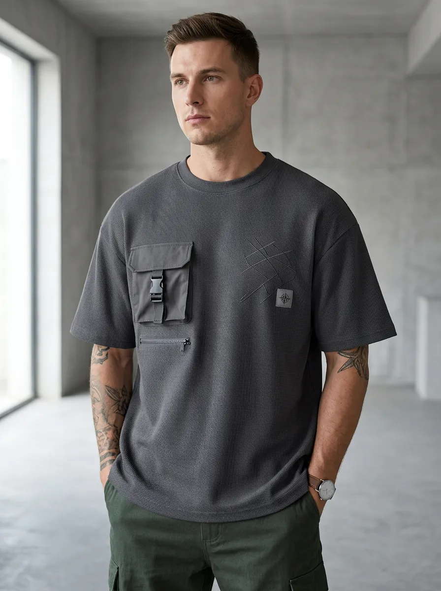 Practical Geometric Cargo Pocket Detail Men's Cargo Pocket T-Shirt