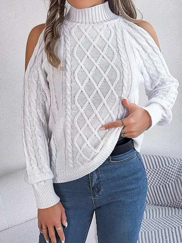 Openwork Cold Shoulder Long Sleeve Relaxed Fit Pullover Sweater