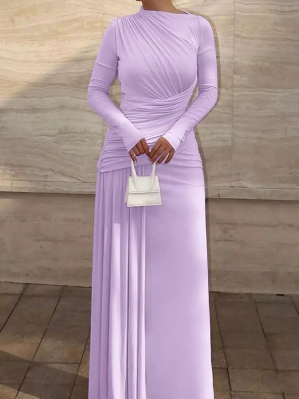 Polished Detail Ruched Long Sleeve Maxi Dress