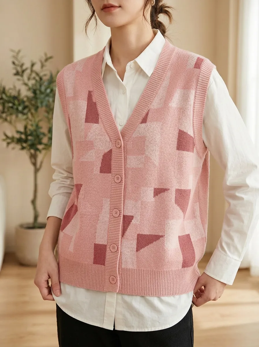 Geometric Button Textured Sweater Vest