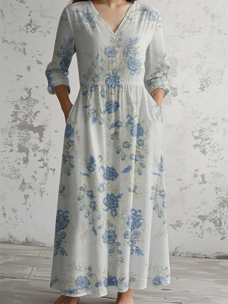 Sequin Blue Flower Print Dress