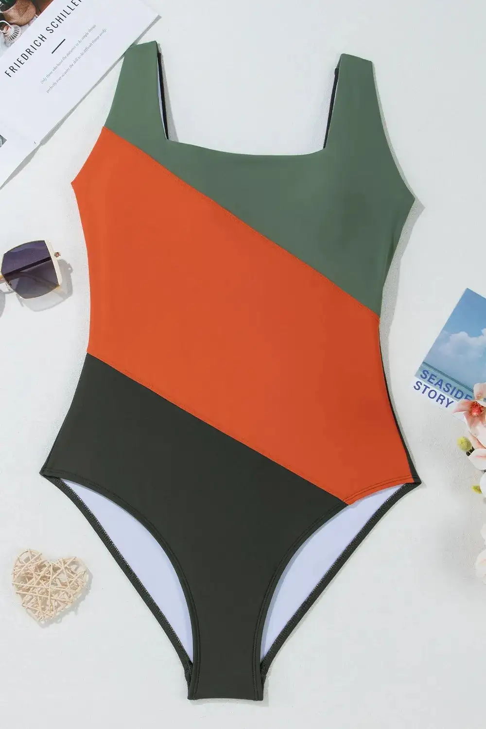 Blocked Pattern Padded Square Neck One Swimsuit