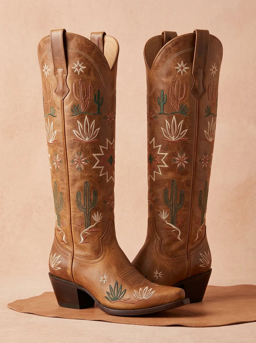 Women's Cactus Geometric Star Embroidered Pointed-Toe Block-Heel Western Denim Over-the-Knee Boots