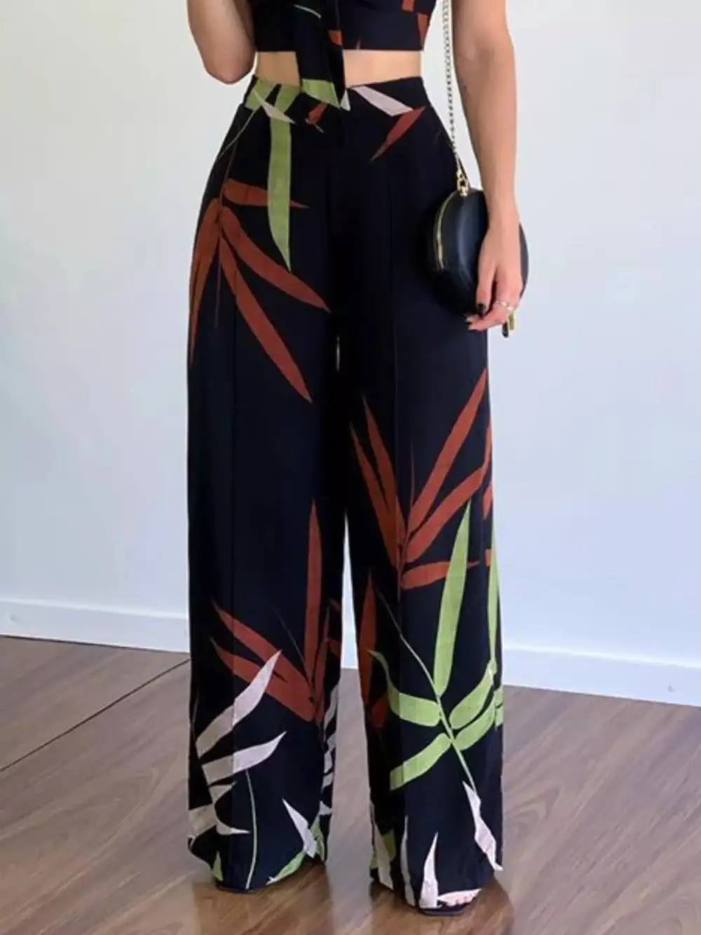 Tropical Print Spaghetti Strap Crop Top and Wide Leg