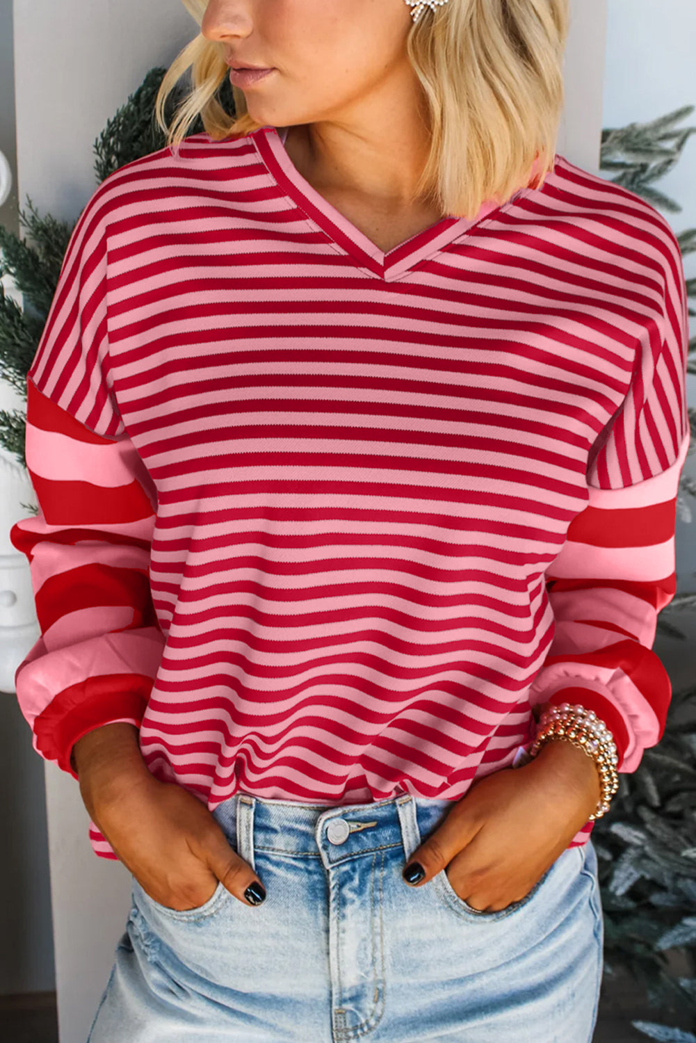 Women's Striped V Neck Drop Shoulder Pullover Top