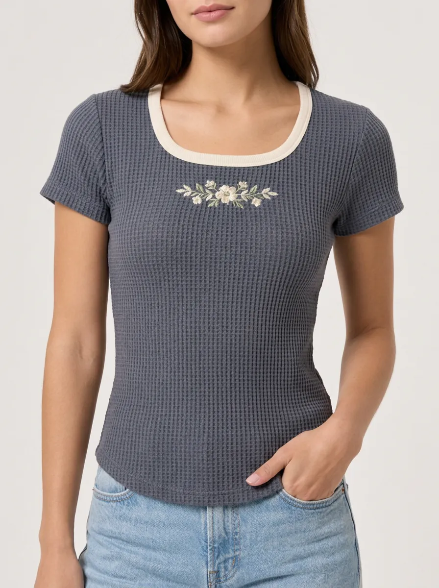 Women's Floral Embroidery Waffle Knit Contrast Trim Top