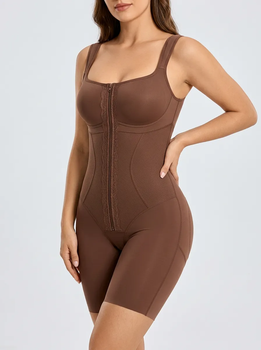 Women's Tummy Control Lace Trim Zip Front Bodysuit Shapewear
