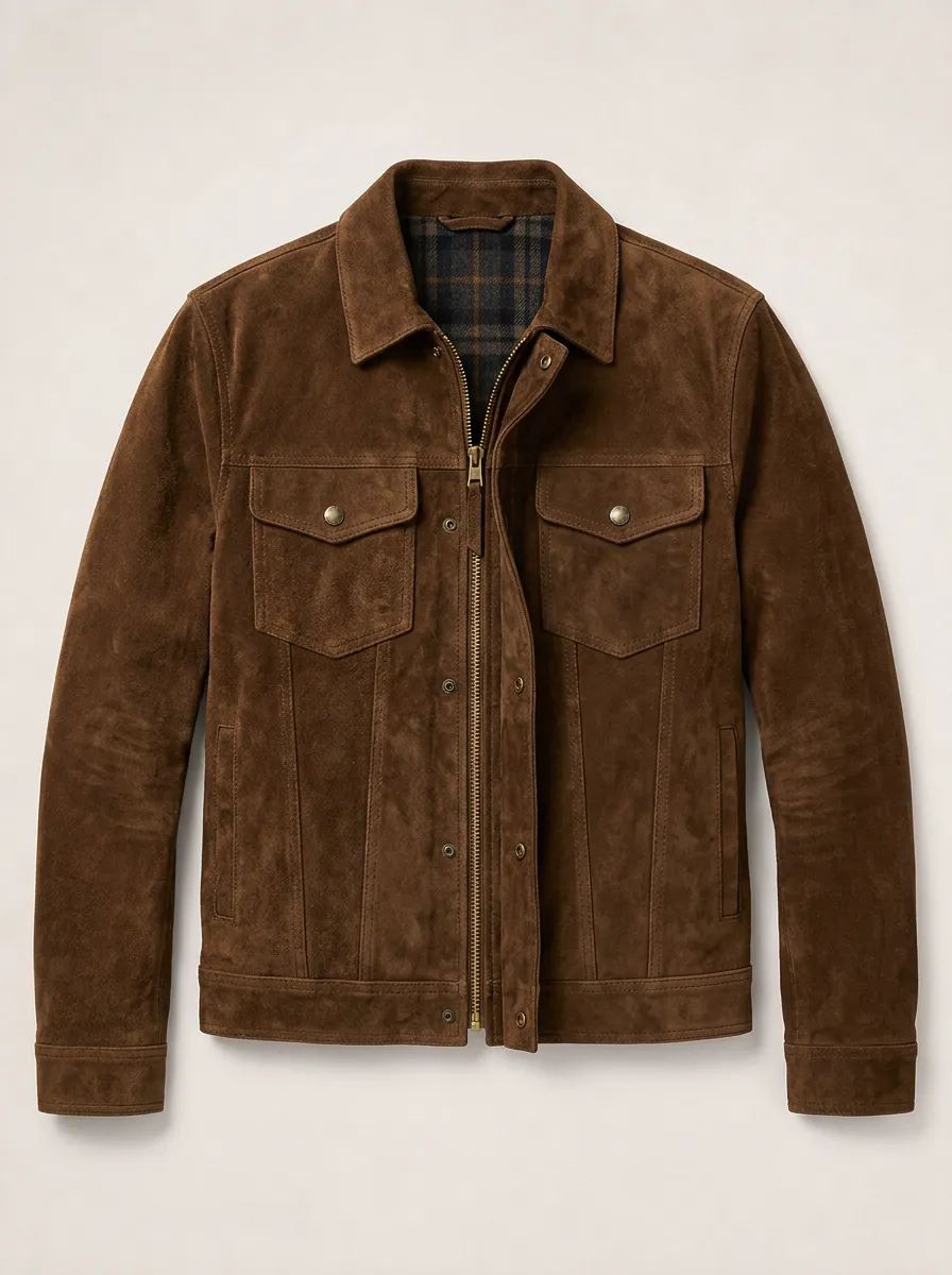 Men's Vintage Brown Suede Plaid Lined Trucker Jacket