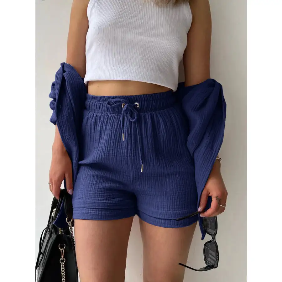 Relaxed Textured Button Up Shirt and Shorts Set