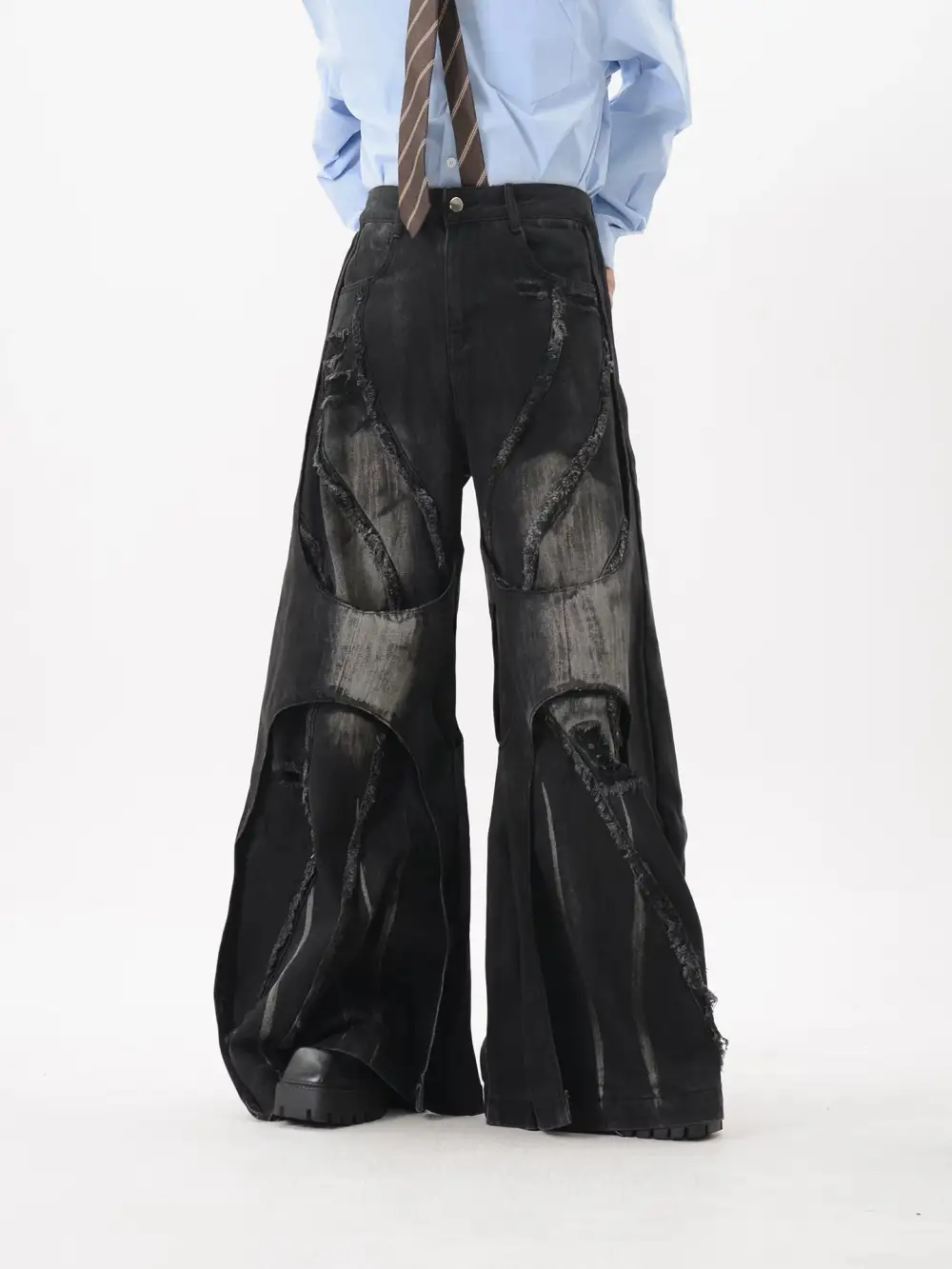 Deconstructed Curved-Panel Wide-Leg Jeans