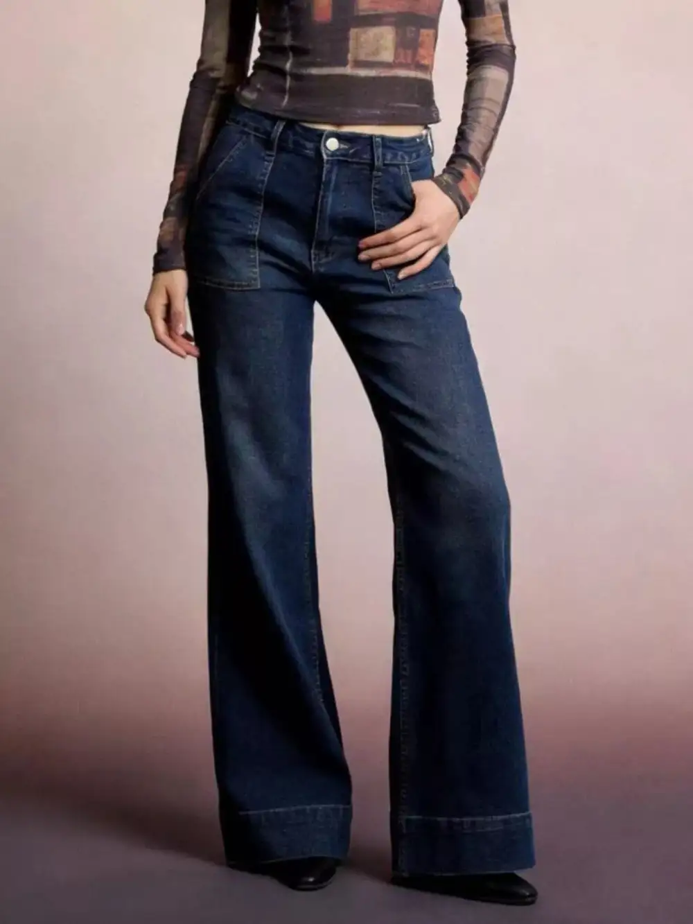 Pocketed High Waist Flare Leg Denim Jeans