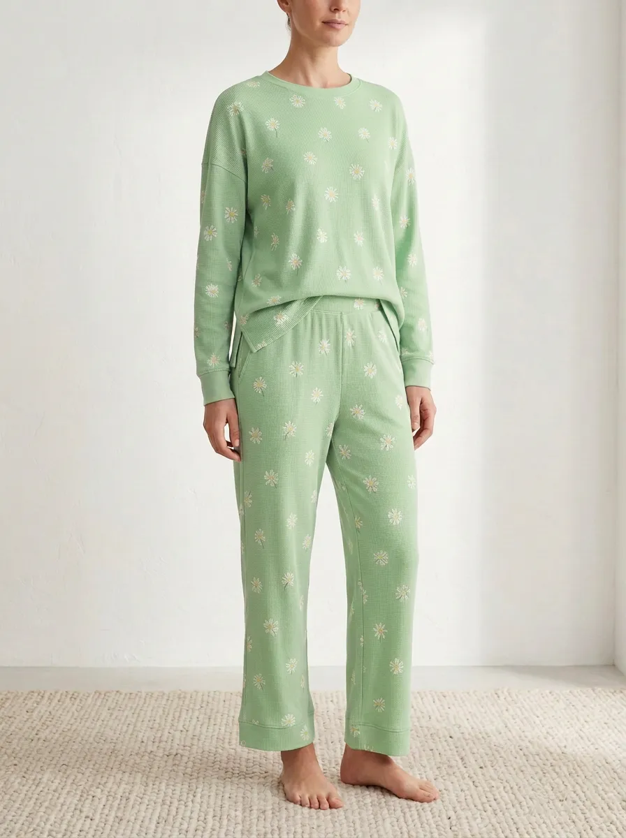 Women's Daisy Waffle-Texture Straight-Leg Lounge Set