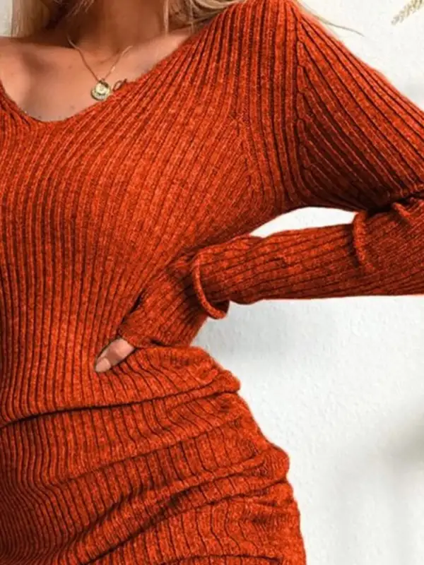 Ribbed Knit Drawstring Sweater Dress