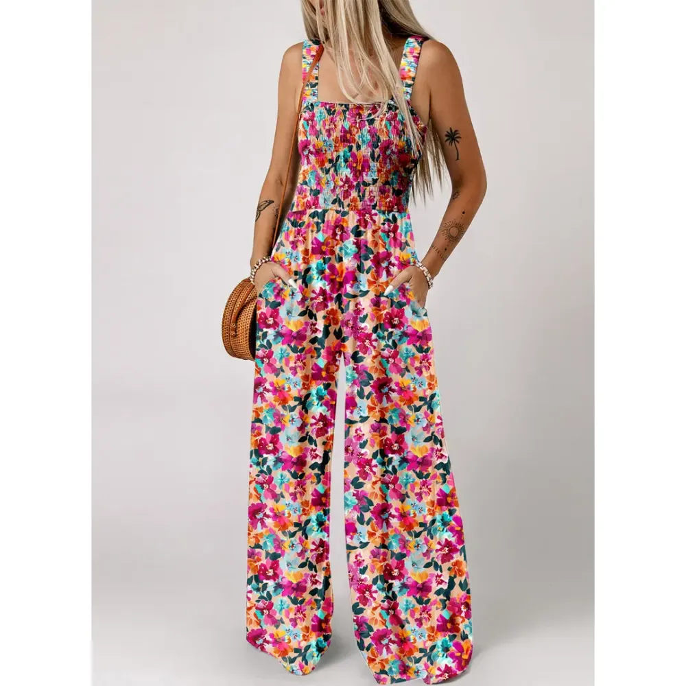 Women's Casual Loose Overalls Jumpsuits One Piece Sleeveless Printed Wide Leg Long Pant Rompers With Pockets Bohemian Womenswear