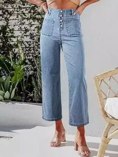 Button Fly Cropped Pocket Denim Jeans