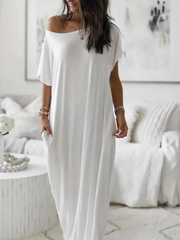 Women'S Solid Color Batwing Sleeve Lounge Dress, Casual Elegant Comfy Short Sleeve Baggy Nightdress For Daily Wear, Ladies Sleepwear For All Seasons, Womenswear, Night Gown Women