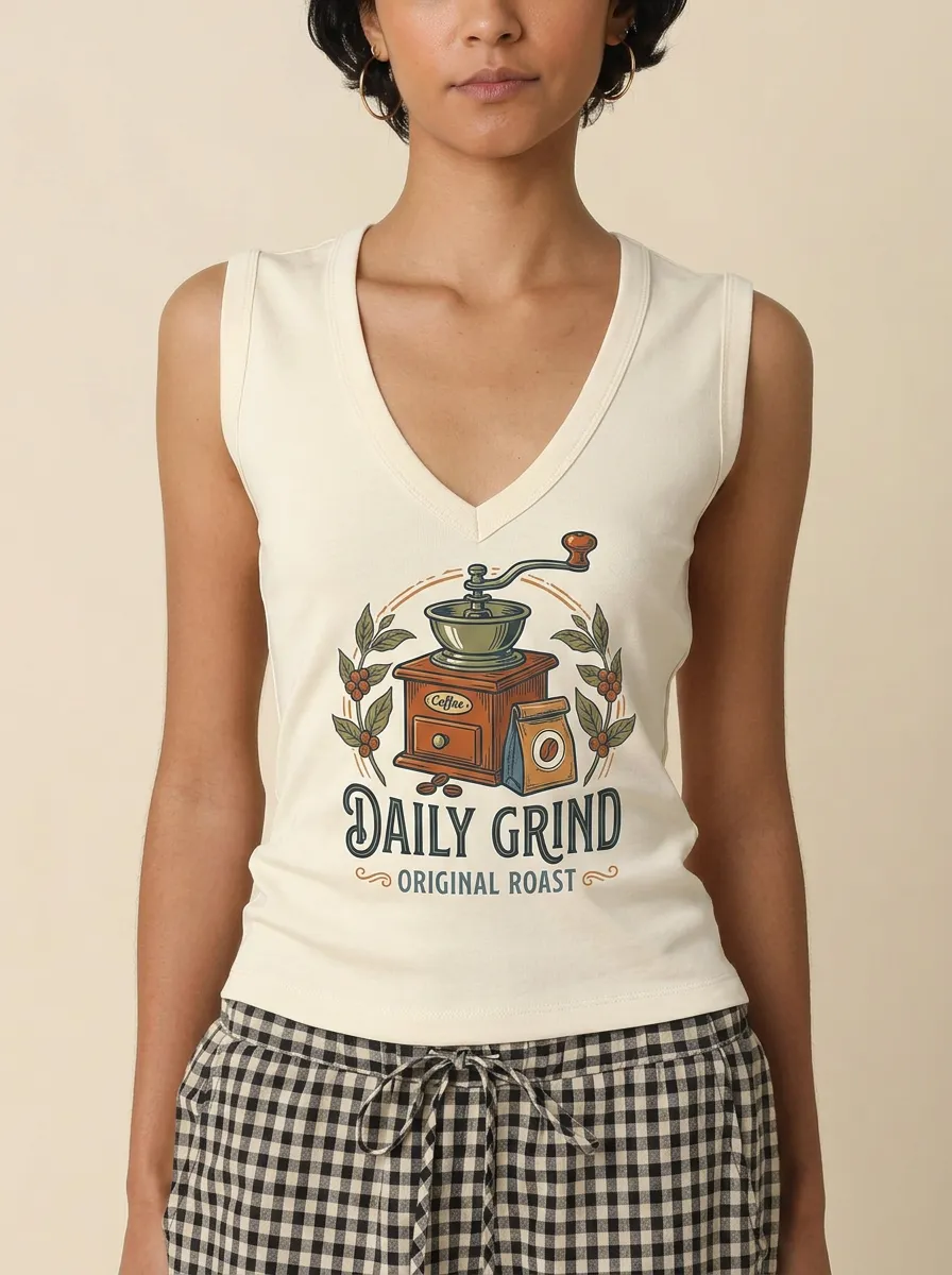 Women's Coffee Lover Daily Grind Vintage Grinder Printed Tank Top