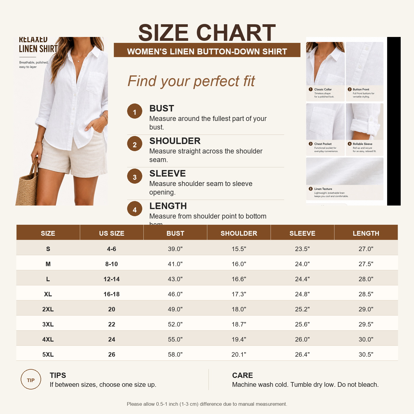 Women's Summer Linen Button-Down Long Sleeve Shirts size chart