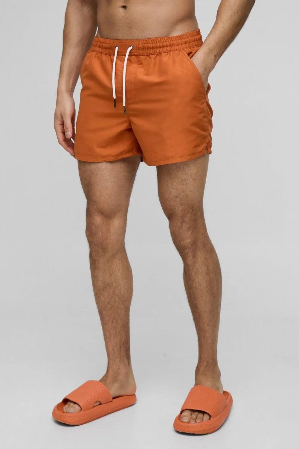 Burnt Orange Short Length Plain Swim Trunks Casual Style