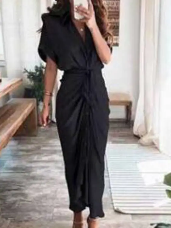 V Neck Pleated Strap Midi Dress