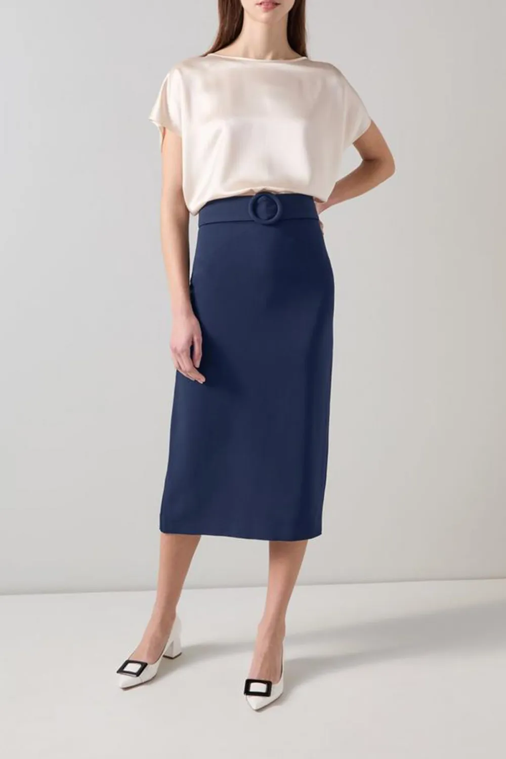 Navy Blue Belted Pencil Midi Skirt