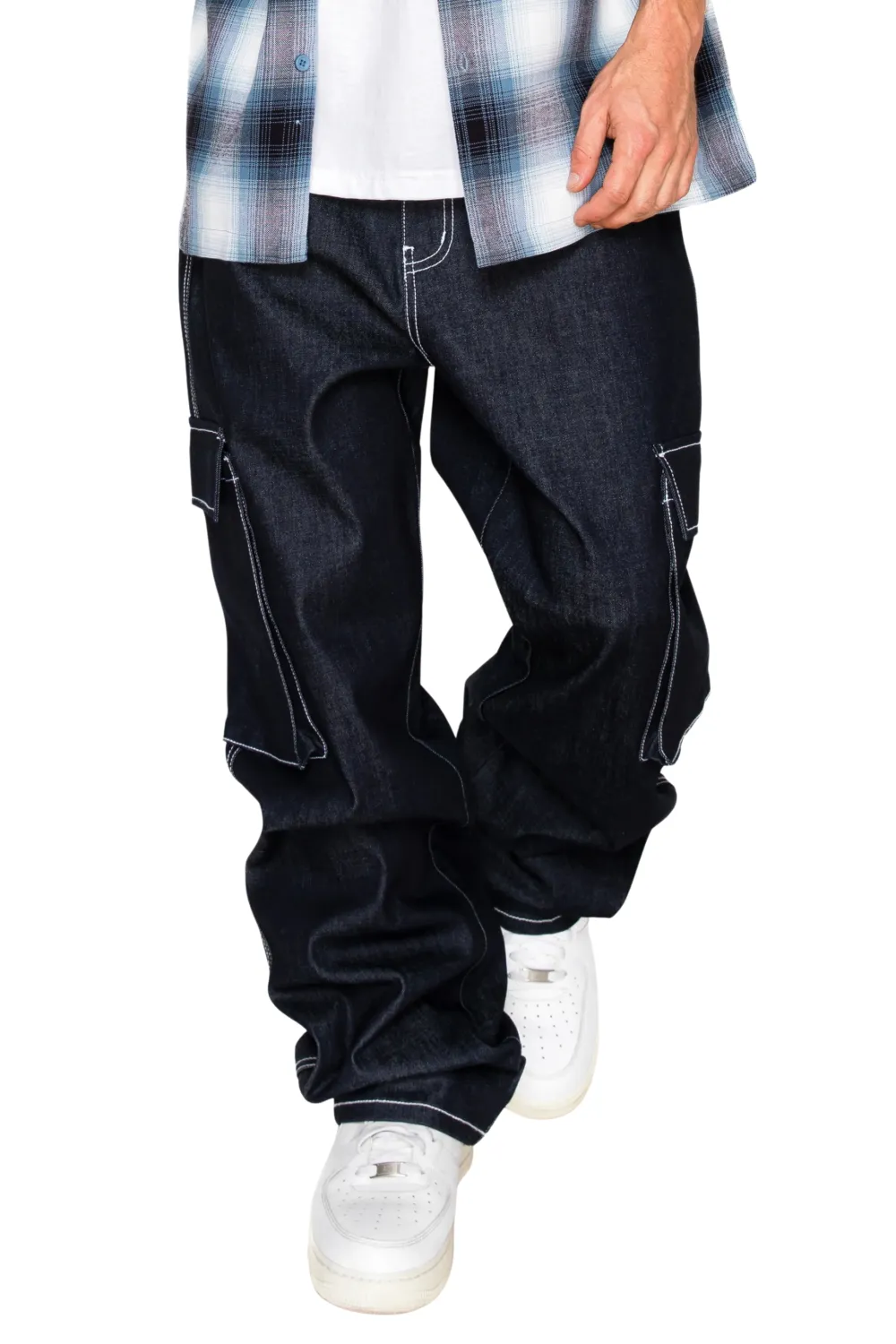 Men's Baggy Fit Raw Denim Cargo Jeans