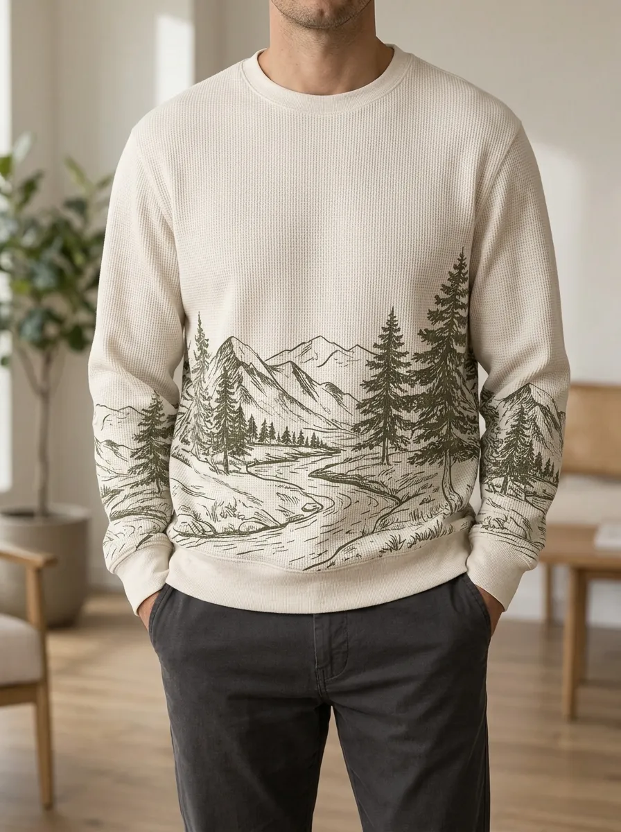 Men's Off-White Landscape Graphic Crewneck Waffle Knit Sweatshirt