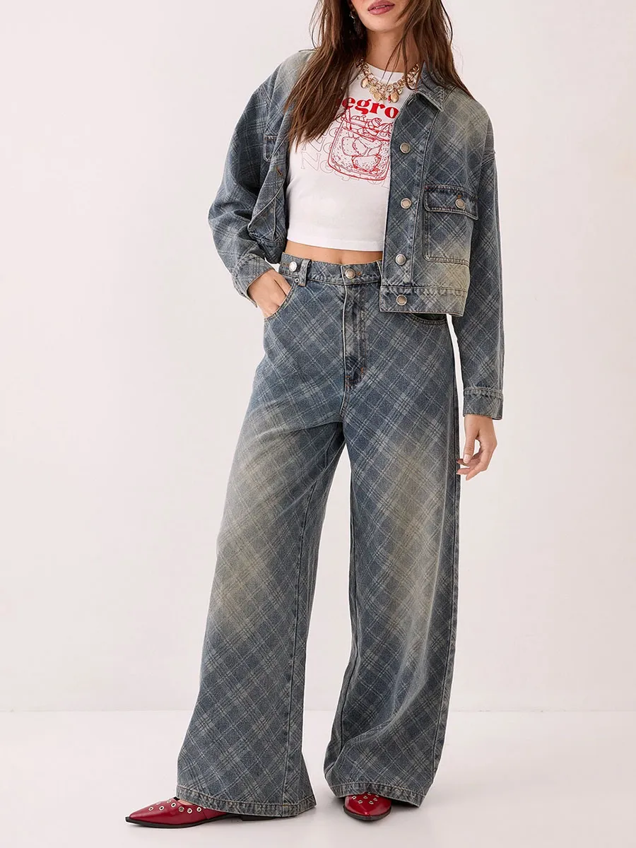 Women's Grey-Blue Plaid Wide-Leg Jeans