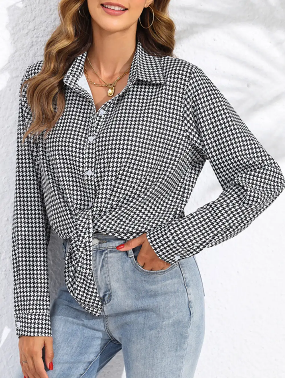 Plaid Loose Shirt with Collar Blouse