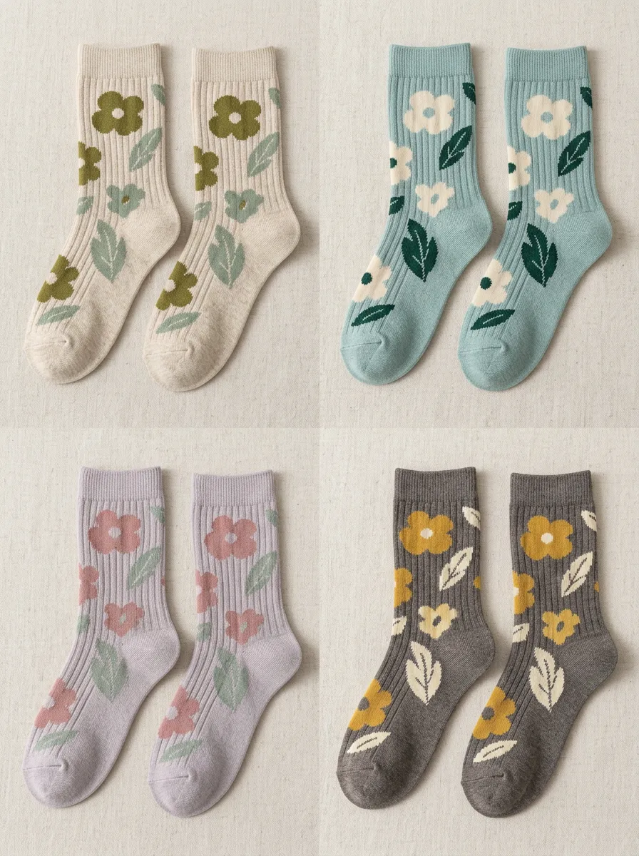 Women's Floral Leaf Ribbed Crew Socks Three Pair Set
