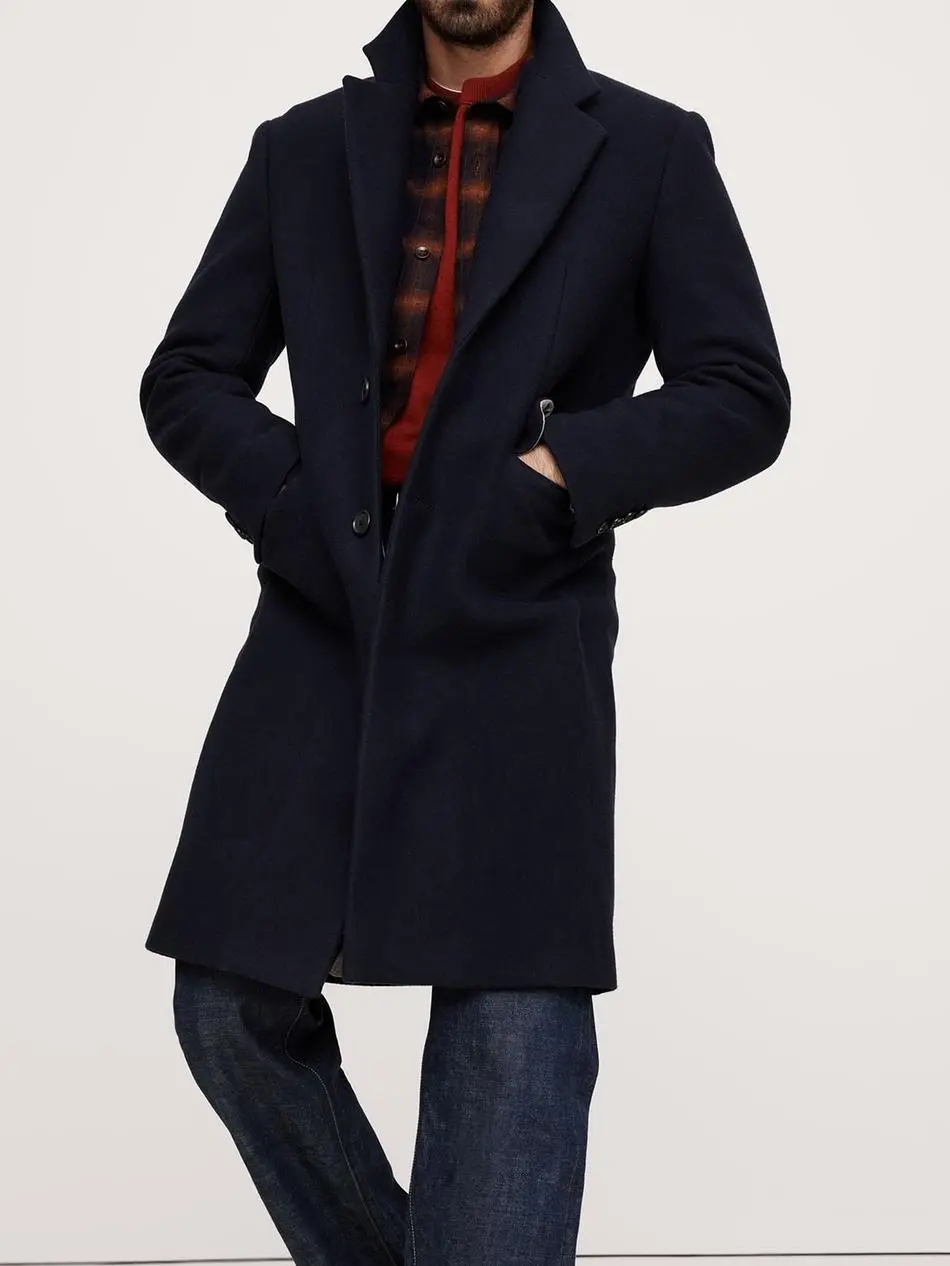 Men's Long Navy Blue Wool Coat