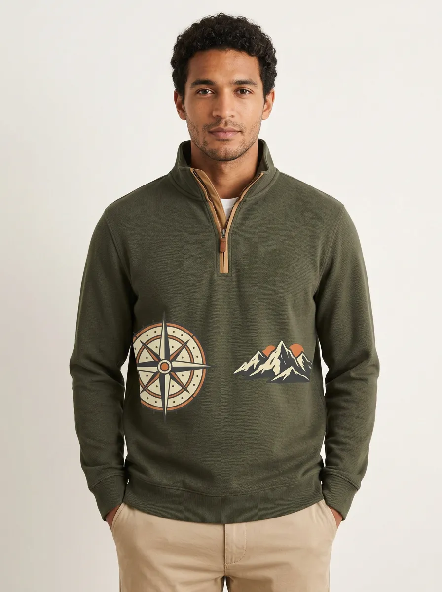 Men's Ridge Outdoor Compass Mountain Graphic Quarter-Zip-Neck Sweatshirt
