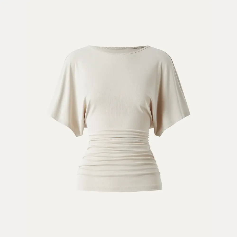 Effortless Boatneck Batwing Sleeve Side Ruched Top - Stylish & Comfortable Women's Fashion baju  kelawar  outfit SpringStatements