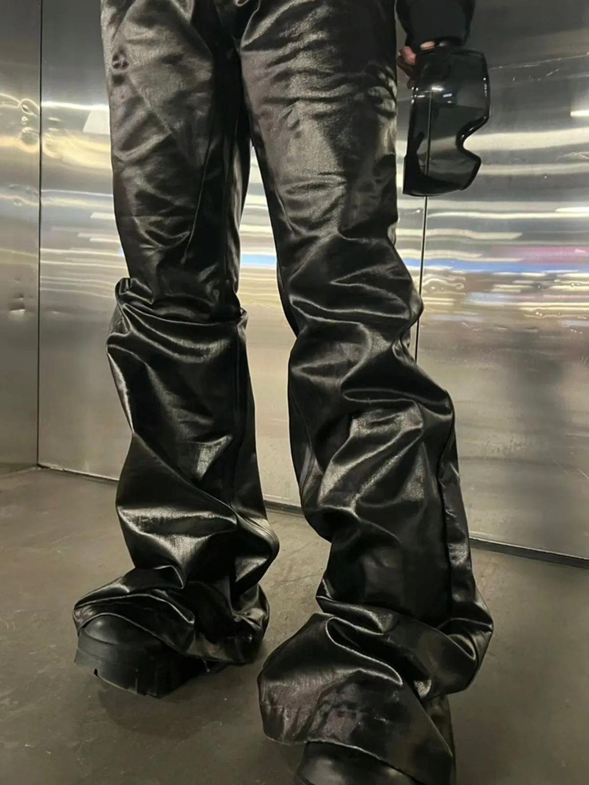 Glossy Coated Black Flared Jeans