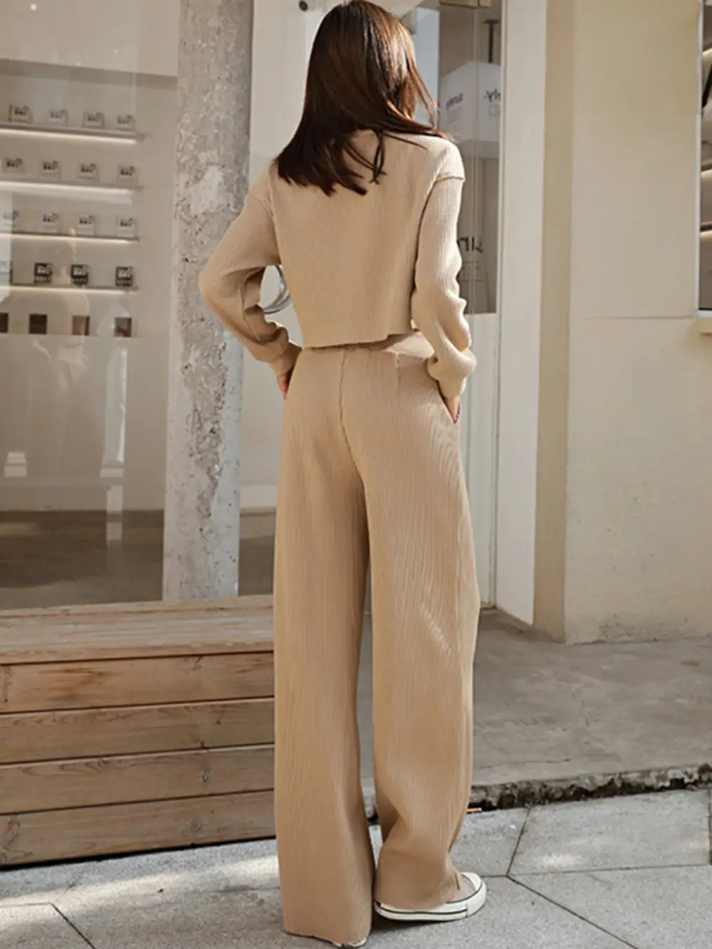 Waffle Knit Round Neck Top And Pants Set