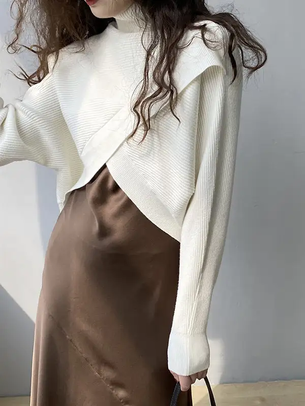 Asymmetric Split Front High Neck Long Sleeve Pullover Sweater